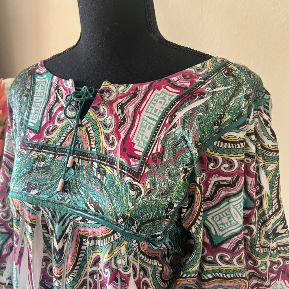 Y2K Billowy Sleeve Embroidered Lace-Up Abstract Rhinestone Green & Pink Top - Picture 2 of 8